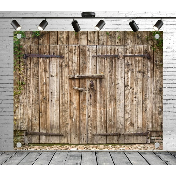 7x5ft Wood Panel Backdrop Light Brown Wooden Door with Green Vines Photo Backdrop Rustic Background for Theme Party Wedding Birthday Baby Shower Decoration Banner Photo Booth Props