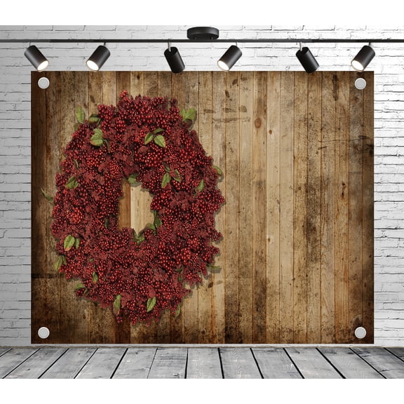 7x5ft Wood Panel Backdrop Plank Red Wreath Photoshoot Photo Backdrop Vintage Background for Theme Party Wedding Birthday Baby Shower Decoration Banner Photo Booth Props