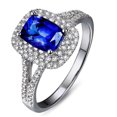 thumbnail image 1 of 7x5mm Emerald Cut 2 Carat Blue Sapphire and Moissanite Diamond Halo Engagement Ring in 10k White Gold, 1 of 5