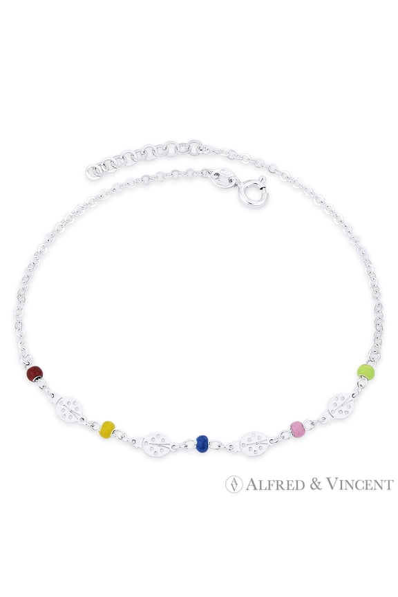 7x5mm Flat Ladybug, 3mm Enamel Bead, & 2.2mm Flat Rolo Chain Italian Charm Anklet in .925 Sterling Silver