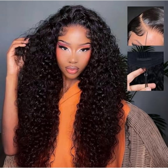 7x6 Deep Wave Glueless Wigs Human Hair Pre Plucked Pre Cut 250% Density Drawstring Wig Human Hair Wear and Go Glueless Wigs for Black Women Color #1B 20 Inch