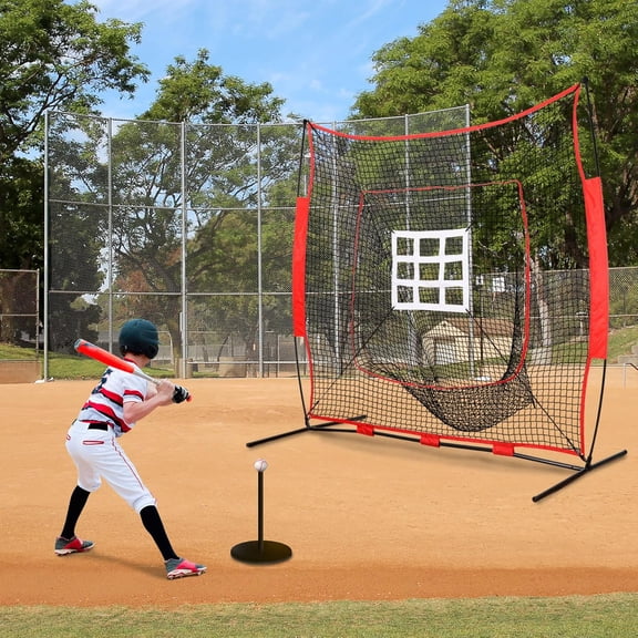 7x7 Baseball Softball Practice Net with Strike Zone and Carry Bag Portable Pitching Hitting Training Aid