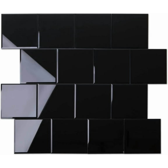 7x7 Black Glass Beveled Tiles for Kitchen Backsplash or Bathroom Wall (35 Tiles per Box)