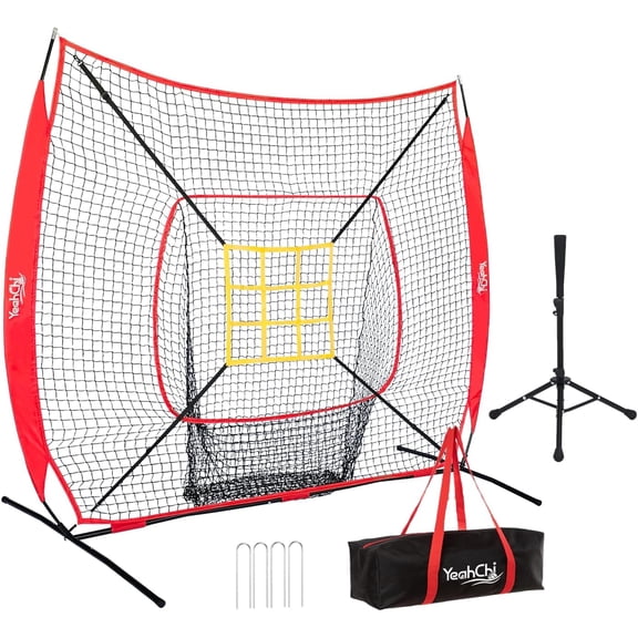 7x7 Ft Baseball and Softball Training Net with Batting Tee, Strike Zone Target, Portable Hitting and Pitching Practice Set