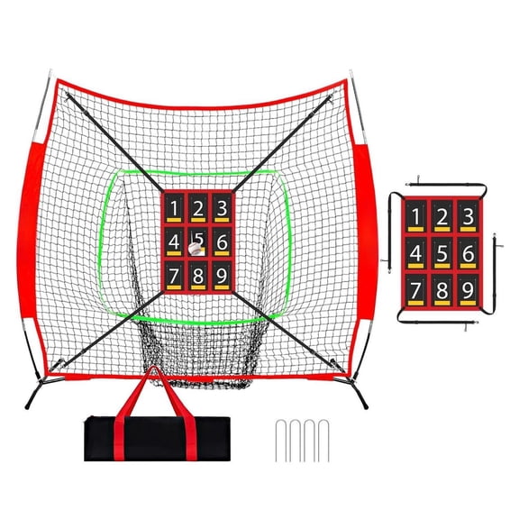 7x7 Ft Red Baseball & Softball Practice Net With Numbered Strike Zone