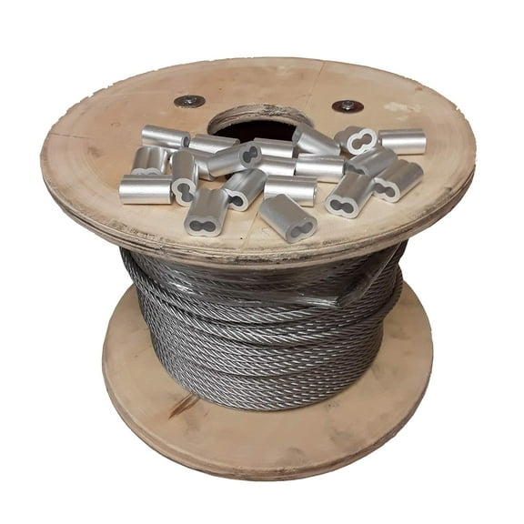 7x7 Galvanized Aircraft Cable Wire Rope 1/16" 1000 ft with 1/16" Aluminum Sleeves - 20 Sleeves