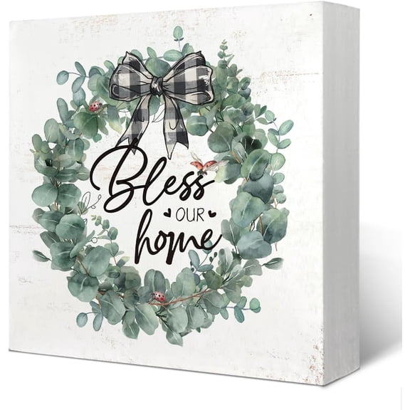 7x7 IN Bless Our Home Sign Wood Box Desk Decor,Spring Botanical Eucalyptus Leaves Wooden Block Box Sign Decoration,Sage Green Decor, Wooden Box Sign