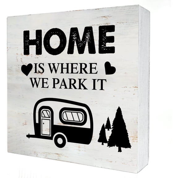 Zomyto 7x7 Inches Home is Where We Park It Camping Wooden Box Sign with Sayings Desk Decor RV Camper Travel Trailer Box Sign Wood Block Sign Rustic Decor