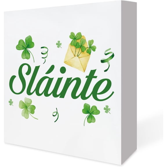 7x7 IN St. Patricks Day Decor,Slainte Wood Sign St. Patricks Day Decorations Home Kitchen Tabletop Shelf Desk Decoration, Wooden Box Sign