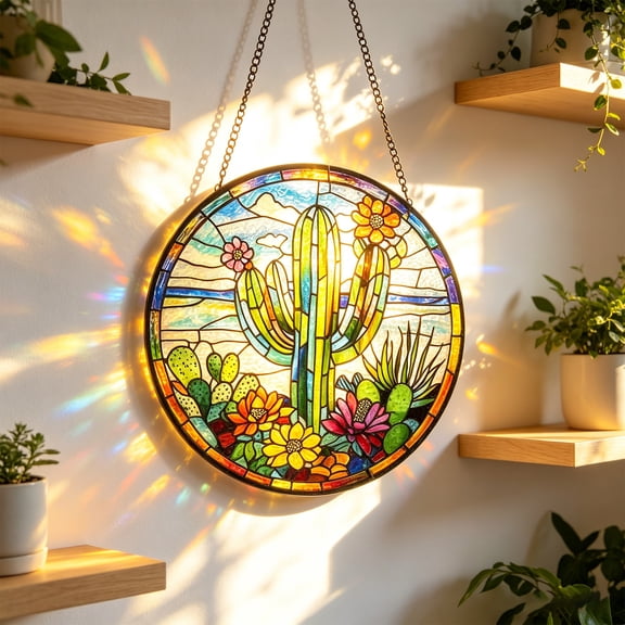 7x7 Inch Stained Glass Cactus Suncatcher, Colorful Desert Themed Boho Window Hanging Ornament, Southwestern Handmade Sun Catcher for Home Patio Gift
