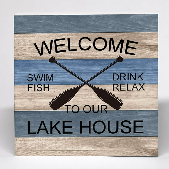 7x7 IN Lake House Decor For Home Wooden Box Sign, Lake Decor for Home Desk Office Decor, Lake House Sign, Welcome to Our Lake House Wooden Box Block Sign