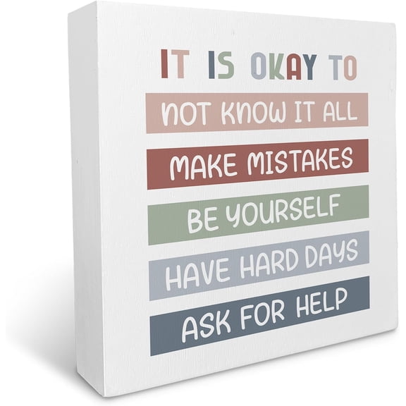 7x7 IN It is Okay to Mental Health Wooden Box Sign, Teacher Desk Decor, Inspirational Boho Office Classroom School Therapy Reading Corner Wall Shelf Table Wooden Block Plaque Desk Decor
