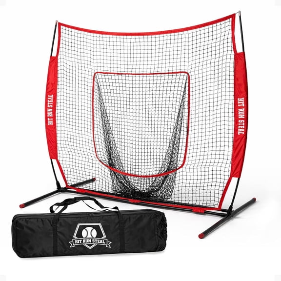 7x7 Practice Net for Baseball & Softball with Carry Case, Red - Quick-Setup Portable Training for Hitting & Pitching, Stable Bow Frame, Large Catch Sock