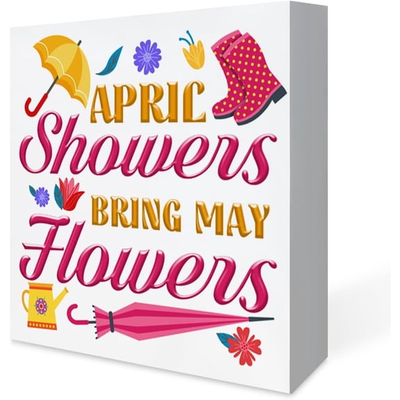 7x7 IN Spring Decor April Showers Bring May Flowers Wooden Sign, Farmhouse Spring Desk Decorations Wood Plaque Block Sign Rustic Home Decor Wooden Box Sign
