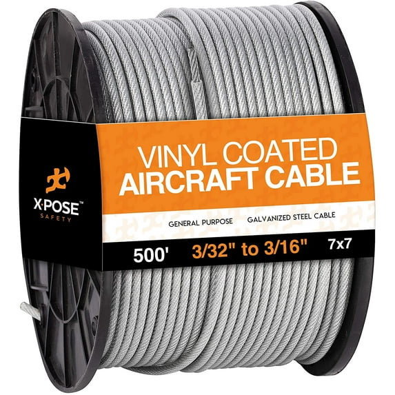 7x7 Vinyl Coated Galvanized Steel Aircraft Cable Wire 500' Reel – 3/32” to 3/16” - for Pulley System or Winch Loop - Marine Wire, Cable Railing, Deck Railing, Fencing - by Xpose Safety