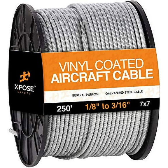 7x7 Vinyl Coated Galvanized Steel Aircraft Cable Wire - for Pulley System or Winch Loop - Marine Wire, Cable Railing, Deck Railing, Fencing - by Xpose Safety (250 ft - 1/8" to 3/16")