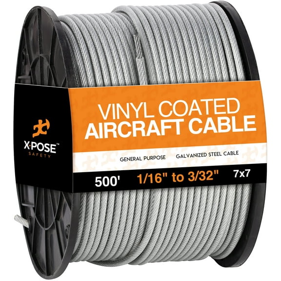 7x7 Vinyl Coated Galvanized Steel Aircraft Cable Wire - for Pulley System or Winch Loop - Marine Wire, Cable Railing, Deck Railing, Fencing - by Xpose Safety (500 ft. - 1/16" to 3/32")