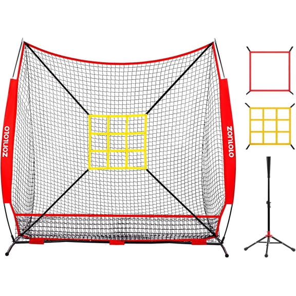 7x7 ft Baseball Net, Pitching & Batting Net with Batting Tee, Designed with Large Ball Collection System, 2 Strike Zones, Carry Bag, Baseball Softball Net for Batting Pitching Hitting and Throwing