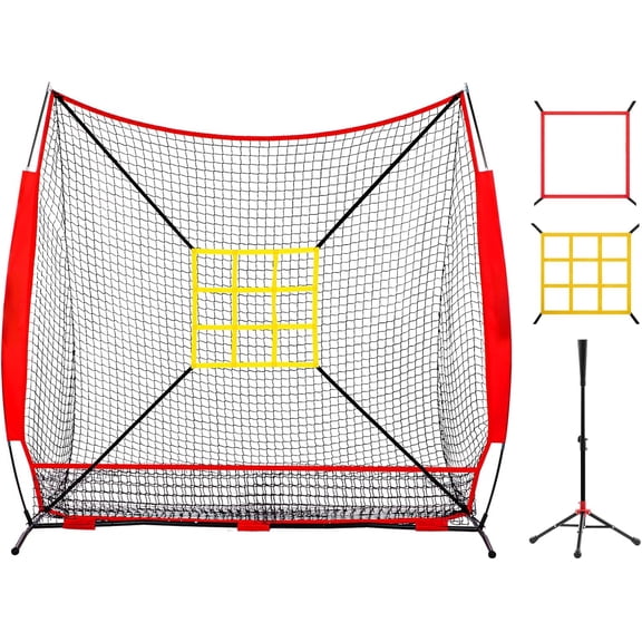 7x7 ft Baseball Net, Pitching & Batting Net with Batting Tee, Designed with Large Ball Collection System, 2 Strike Zones, Carry Bag, Baseball Softball Net for Batting Pitching Hitting and Throwing