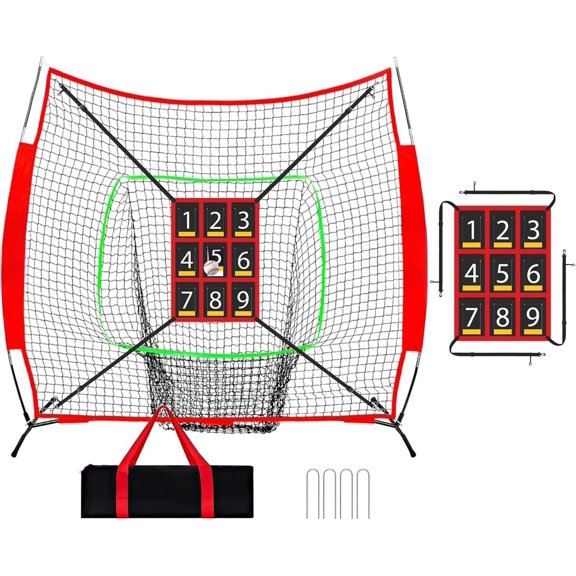7x7 ft Baseball & Softball Practice Net with 9 Numbered Strike Zone | PRO  Net for Hitting, Pitching & Batting | with Carry Bag, Bow Frame for  Ages & Skills