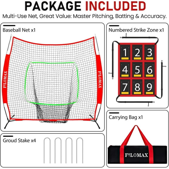 7x7 ft Baseball & Softball Practice Net with 9 Numbered Strike Zone | PRO Training Net for Hitting, Pitching & Batting | with Carry Bag, Bow Frame for All Ages & Skills