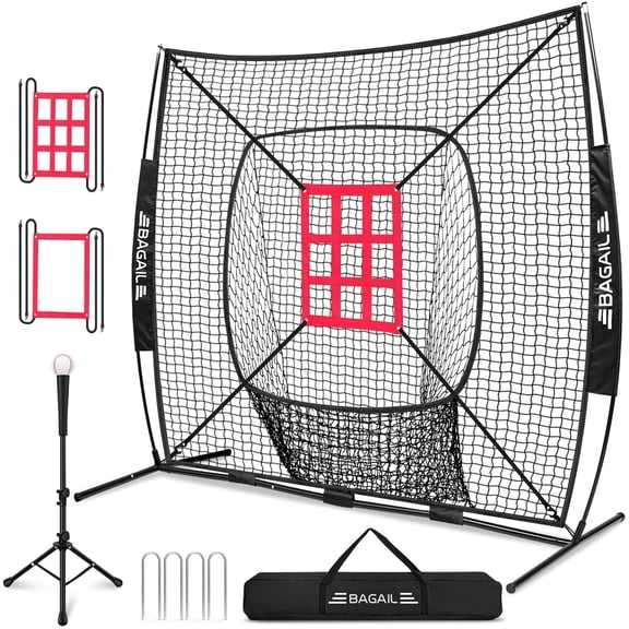 7x7 ft Baseball & Softball Practice Net with Bow Frame for Batting, Hitting, Pitching, Portable Baseball Throwing Net with 2 Strike Zone Batting Tee, Carry Bag, Great for All Levels