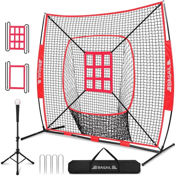 7x7 ft Baseball & Softball Practice Net with Bow Frame for Batting, Hitting, Pitching, Portable Baseball Throwing Net with 2 Strike Zone Batting Tee, Carry Bag, Great for All Levels