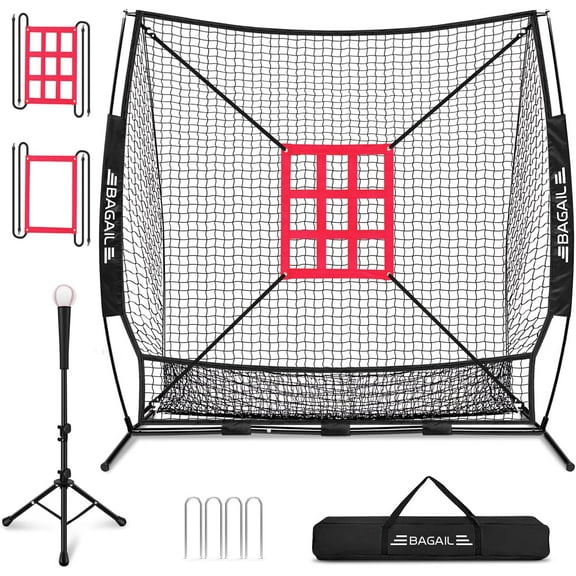 7x7 ft Baseball & Softball Practice Net with Bow Frame for Batting, Hitting, Pitching, Portable Baseball Throwing Net with 2 Strike Zone Batting Tee, Carry Bag, Great for All Levels