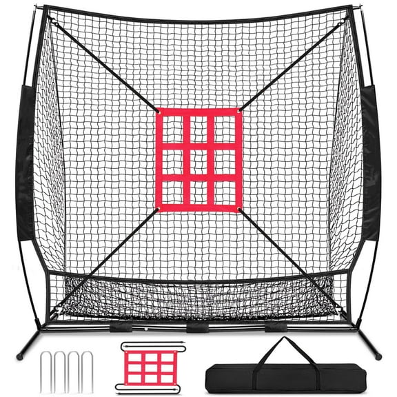 7x7 ft Baseball & Softball Practice Net with Bow Frame for Batting, Hitting, Pitching, Portable Baseball Throwing Net with Strike Zone, Carry Bag, Baseball Training Aid for All Levels