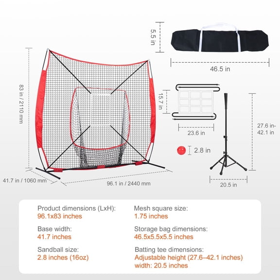 7x7 ft Baseball Softball Practice Net,Portable Baseball Training Net for Hitting Batting Catching Pitching,Backstop Baseball Equipment with Bow Frame,Carry Bag,Strike Zone,Ball,Batting Tee