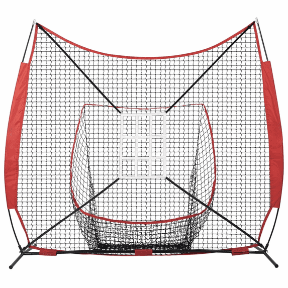 7x7 ft Baseball Softball Practice Net, Portable Baseball Training Net for Hitting Catching Pitching, Backstop Equipment with Bow Frame, Carry Bag, Strike Zone, 12 Balls, Tee, and Ball Collector
