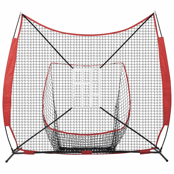 7x7 ft Baseball Softball Practice Net, Portable Baseball Training Net for Hitting Catching Pitching, Backstop Equipment with Bow Frame, Carry Bag, Strike Zone, 12 Balls, Tee, and Ball Collector