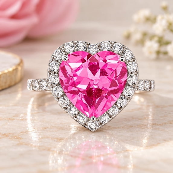 Silver Pickup Rings 7x7 mm Pink Sapphire Heart Ring, 925 Sterling Silver Halo Engagement ...