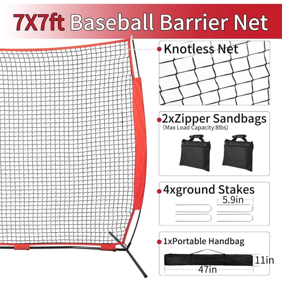 7x7ft Backstop Net with Carry Bag - Red