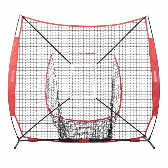7x7ft Baseball Softball Practice Net - Portable Training Net with Tee & Ball - Hitting, Pitching, Catching - Bow Frame, Carry Bag, Strike Zone