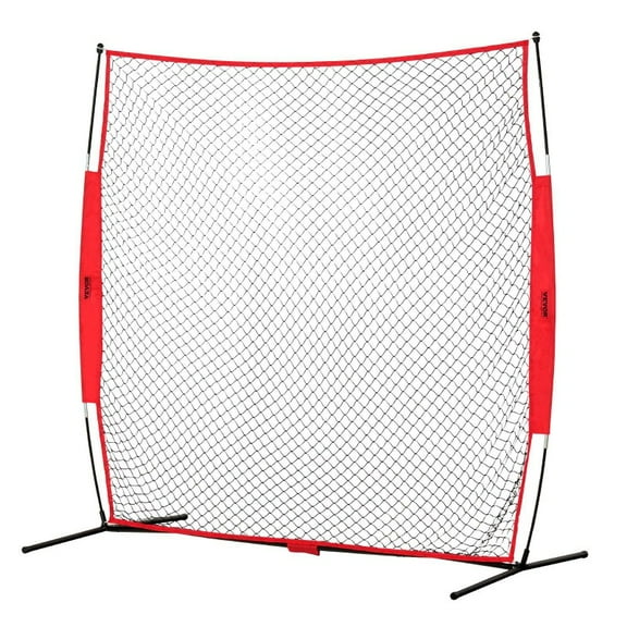 7x7ft Heavy-Duty Protective Net w/ Carry Bag - Portable Sports Barrier, Oval Practice Screen w/ Reinforced Edges & Black/Red Frame (Backyard Safety & Batting Cage)