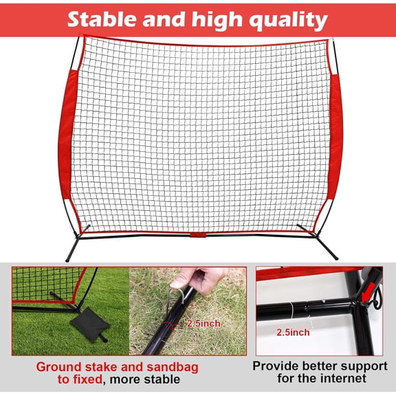 7x7ft Red Ball Backstop Net for Softball, Baseball, Lacrosse, and More - Portable Training Equipment with 4 Ground Stakes & 2 Sandbags