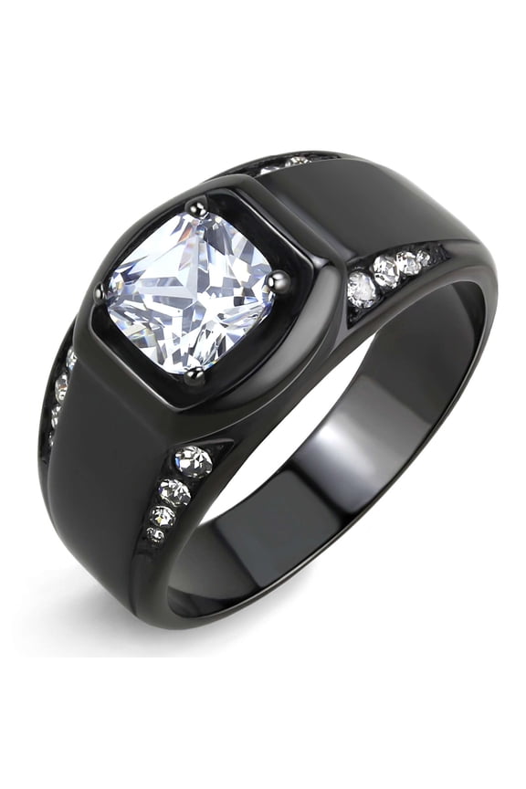 7x7mm Cushion Cut CZ Center Two Row Side Stone Black IP Stainless Steel Mens Ring - Size 11