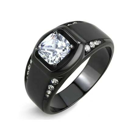 7x7mm Cushion Cut CZ Center Two Row Side Stone Black IP Stainless Steel Mens Ring - Size 9