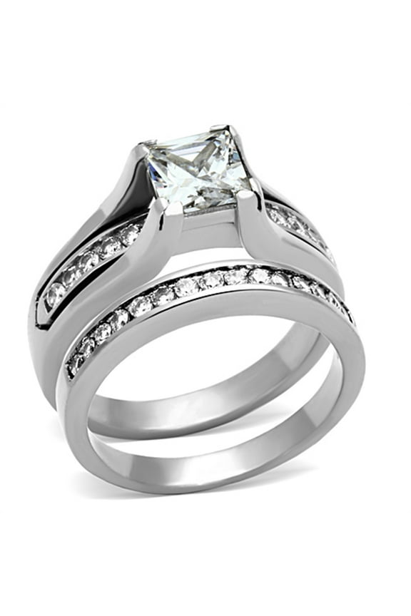 Womens 1 Carat Princess Cut CZ TK316 Stainless Steel Tarnish Free Wedding Ring Set - Size 9