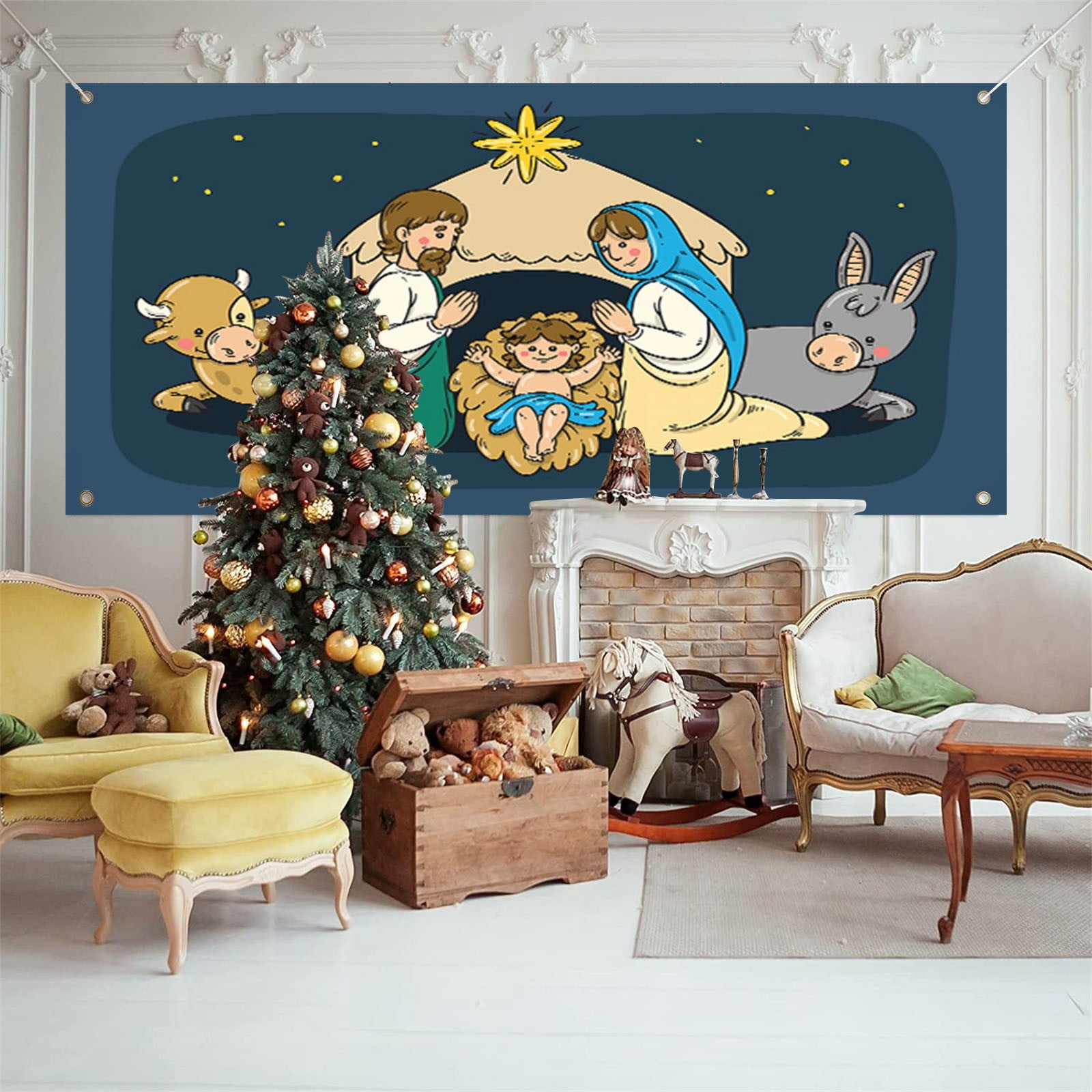 7x8 Ft Holy Night Christmas Outdoor Garage Door Banner Red Blue Night