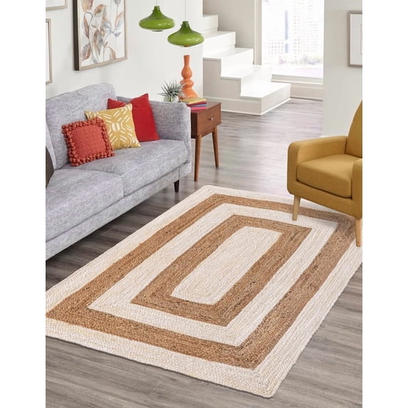7x9 Ft White & Natural Jute Area Rug, Hand-Woven, Reversible, Farmhouse Boho Style, Durable & Pet-Friendly Rug for Living Room, Dining Room, and Bedroom