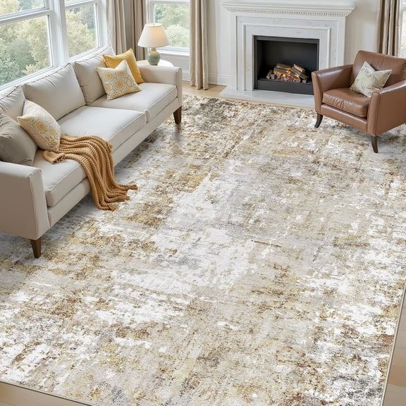 7x9 Rug for Living Room : Soft Abstract Washable Non-Slip Durable Rugs, Neutral Modern Indoor Carpet for Bedroom Dining Room Home Office - Yellow Brown