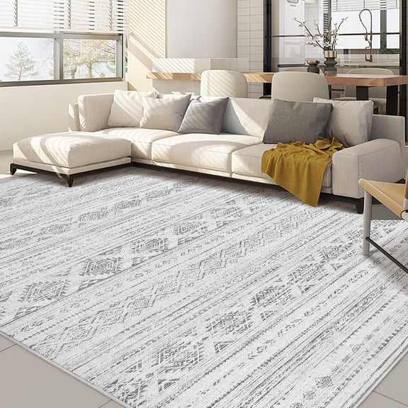 7x9 Washable Boho Rug, Neutral Soft Farmhouse Modern Moroccan Carpet for Living Room, Dark Grey