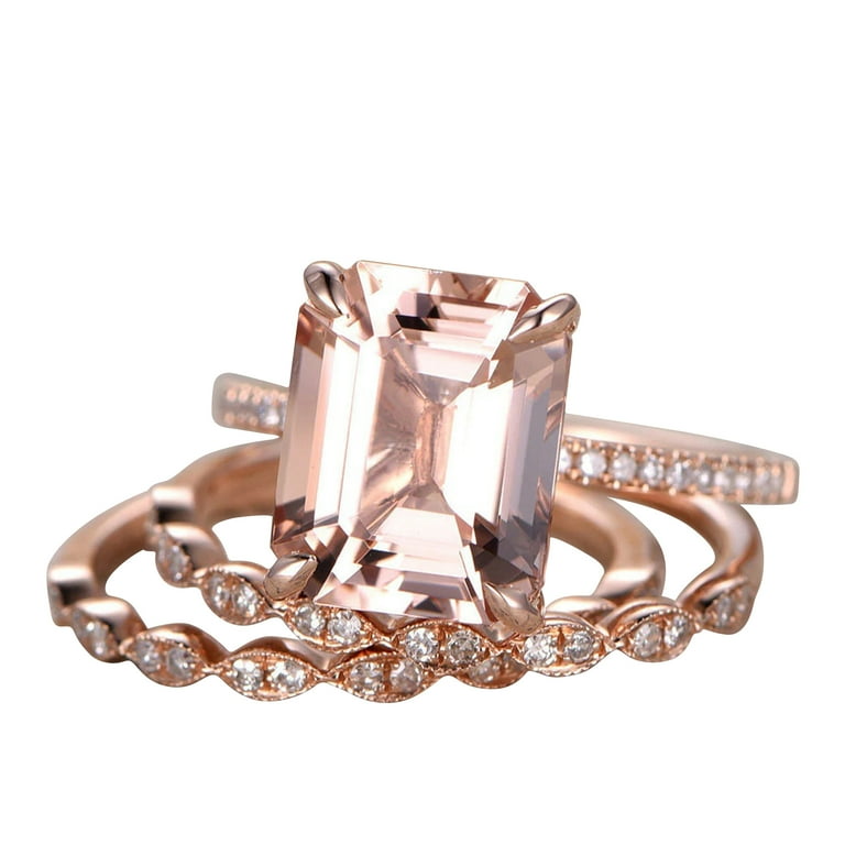 7x9mm Emerald Cut Carat Morganite Engagement Ring Set Diamond