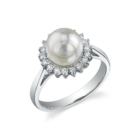 8.0-8.5mm Akoya Cultured Pearl & Diamond Solar Ring in 14K Gold