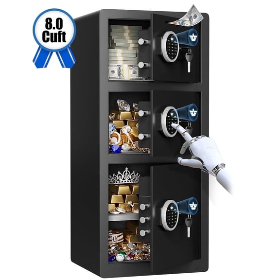 Pacriond 8.0 Cuft Triple Door Safe Box with Removable Shelf, Digital Keypad Home Cabinet with Deposit Slot & Alarm System for Money Valuables