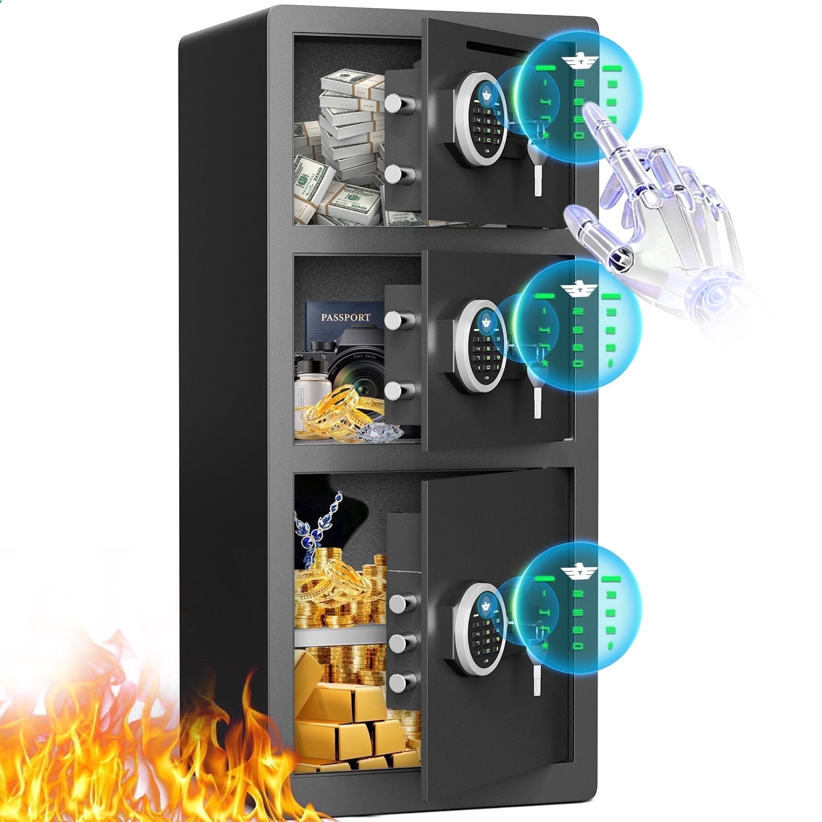 Riflevault 8.0 Cub Fireproof Safe, 3-door digital security cabinet with quick access deposit slot, key hook, adjustable shelf, backlit keypad and dual alarm for home use