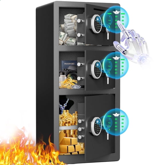 Riflevault 8.0 Cub Fireproof Safe, 3-door digital security cabinet with quick access deposit slot, key hook, adjustable shelf, backlit keypad and dual alarm for home use