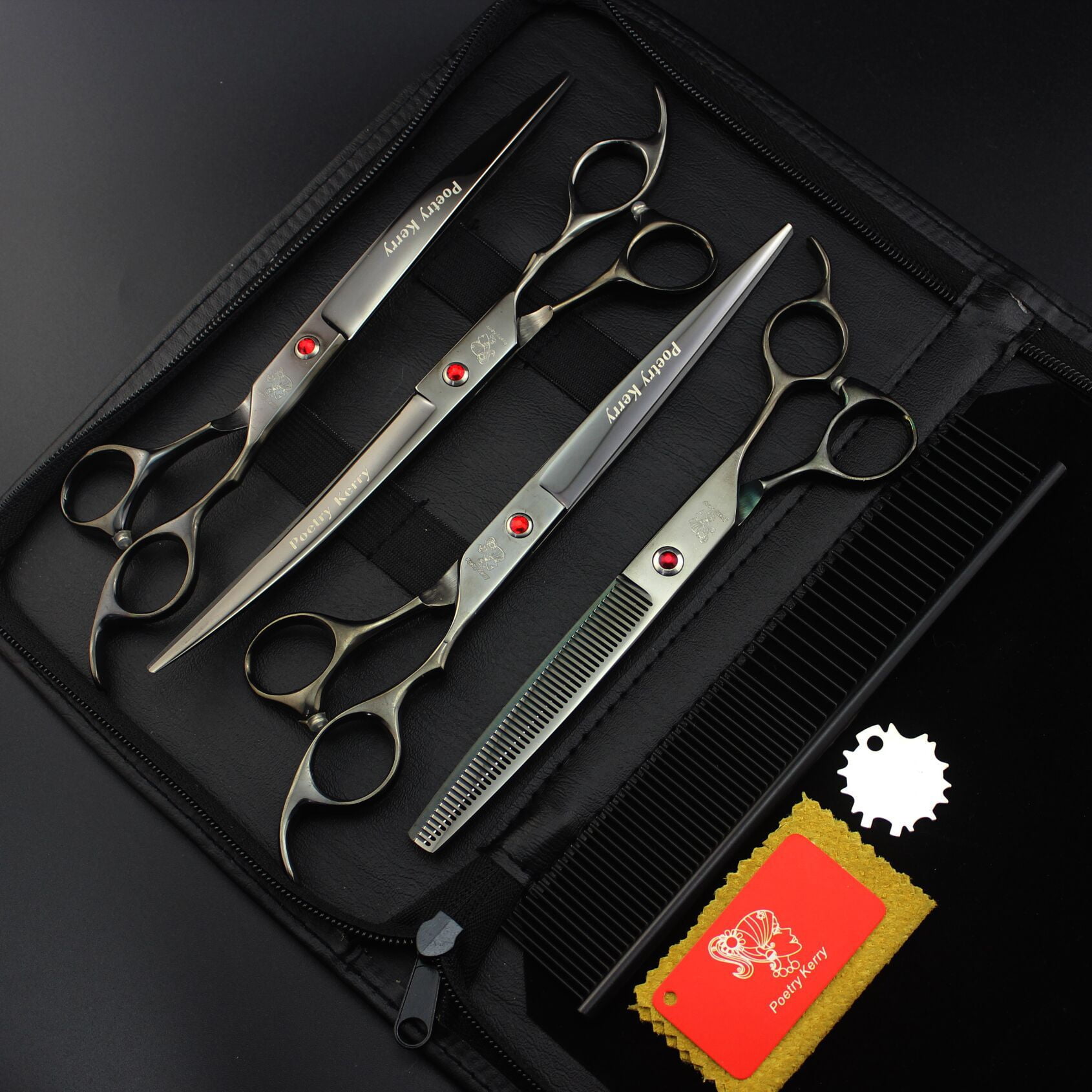 8.0 Inch Black Pet Grooming Scissors Set - TTOOGO Professional Dog Hair Cutting Shears Kit with Straight, Upward Curved, Downward Curved and Thinning Scissors for Styling and Trimming